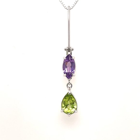 Eleganza 18K White Gold Marquise Amethyst and Pear Shaped Peridot Necklace - Picture 2 of 4